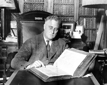 Roosevelt reads from a Dutch family bible before his 1933 inauguration. 